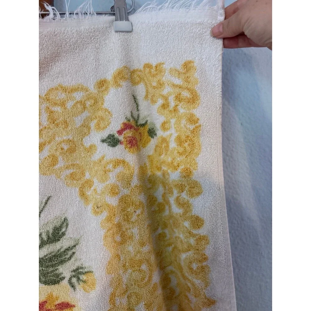 Cannon Bath Towel Vintage Yellow/Gold Floral Design, 100% Cotton Fringe Retro